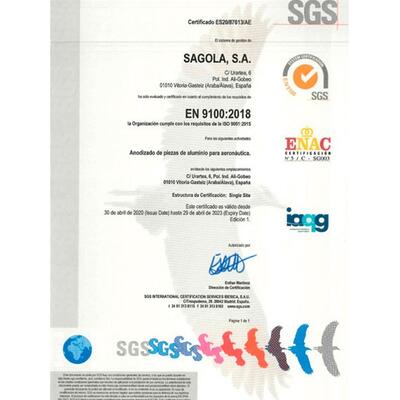 ISO 9100 for anodizing aluminum parts for aeronautics